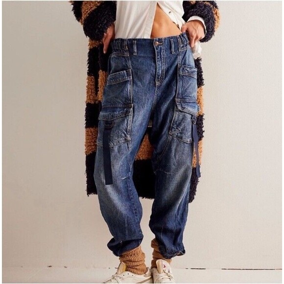 We The Free Denim - We The Free People M Hazel Jeans Baggy Cargo Denim Blue Pull On Tapered